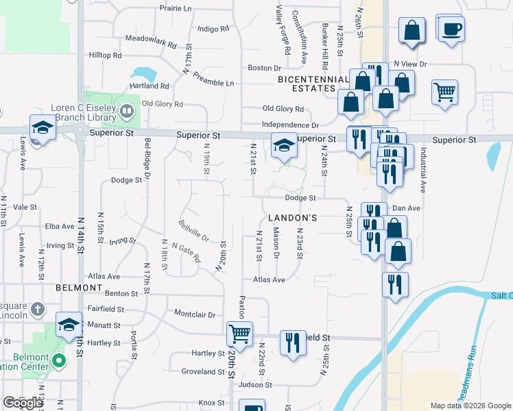 map of restaurants, bars, coffee shops, grocery stores, and more near 4221 Mason Drive in Lincoln