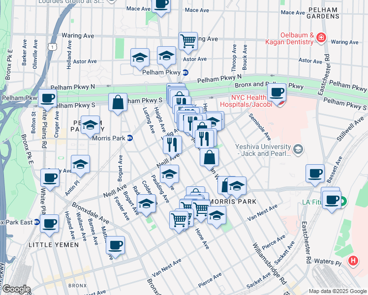 map of restaurants, bars, coffee shops, grocery stores, and more near 2005 Tomlinson Avenue in Bronx