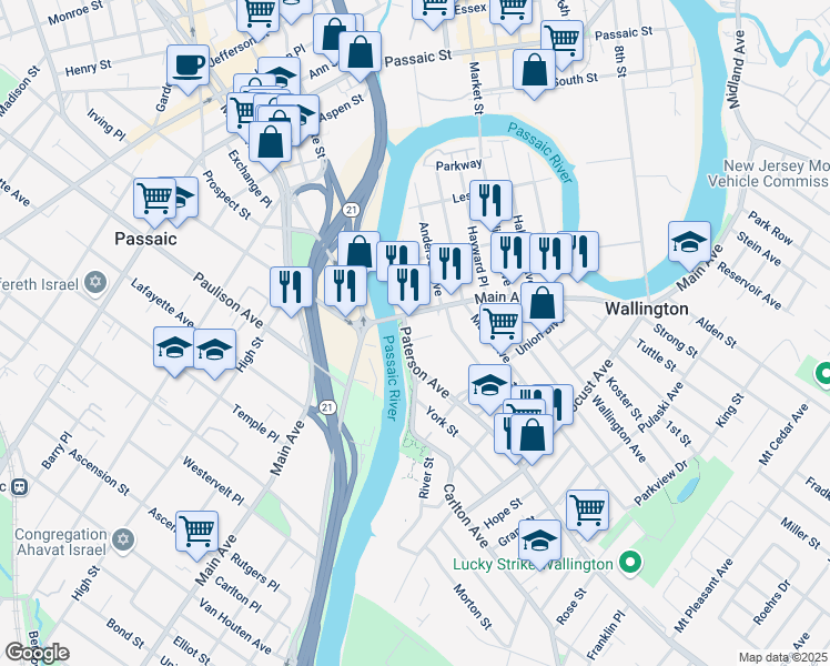 map of restaurants, bars, coffee shops, grocery stores, and more near 20 Main Avenue in Wallington