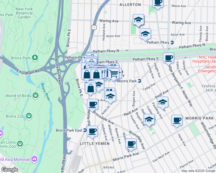 map of restaurants, bars, coffee shops, grocery stores, and more near 2131 Wallace Avenue in Bronx