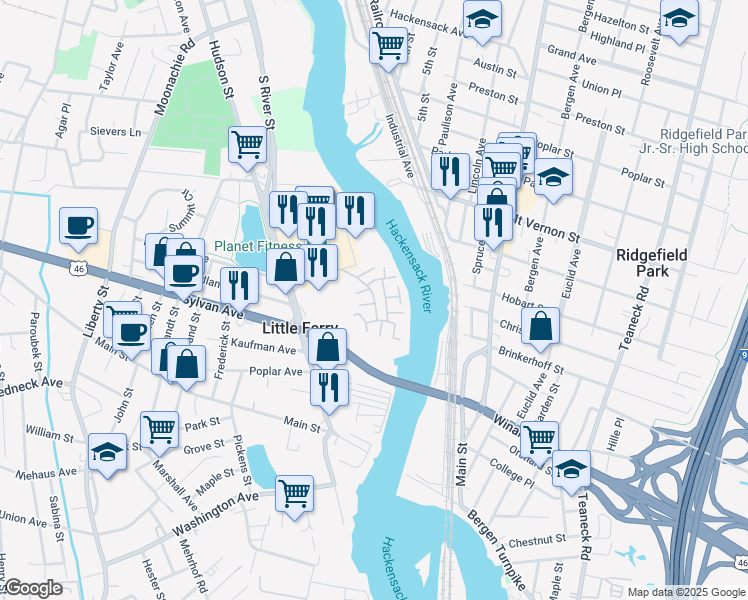 map of restaurants, bars, coffee shops, grocery stores, and more near Waterside Drive in Little Ferry