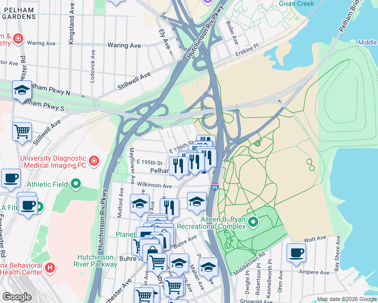 map of restaurants, bars, coffee shops, grocery stores, and more near 2048 Colonial Avenue in The Bronx