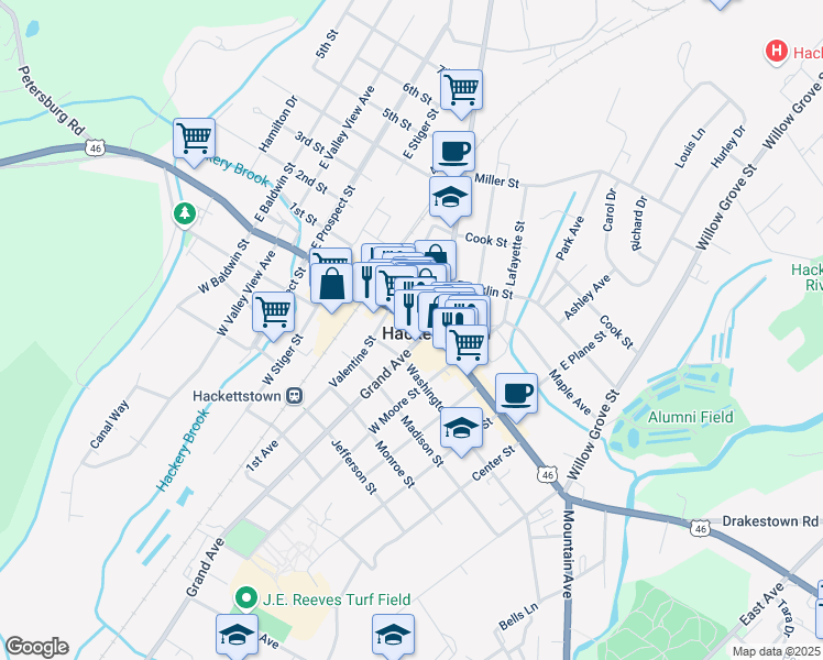 map of restaurants, bars, coffee shops, grocery stores, and more near 120 Main Street in Hackettstown