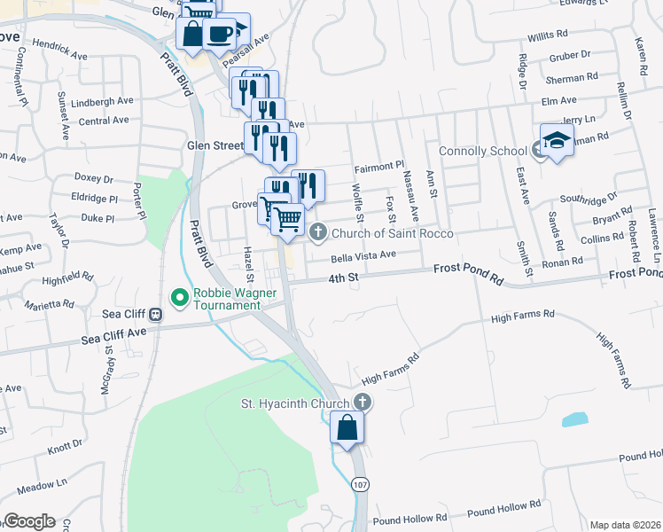 map of restaurants, bars, coffee shops, grocery stores, and more near 14 Bella Vista Avenue in Glen Cove