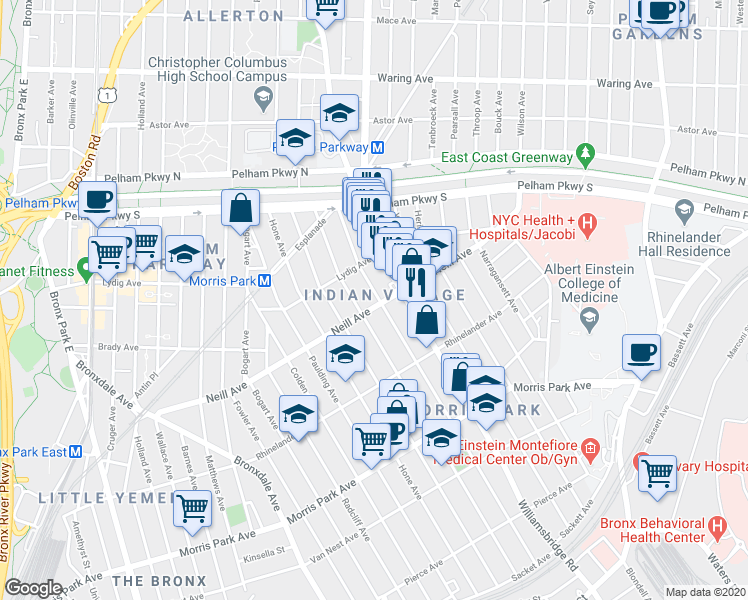 map of restaurants, bars, coffee shops, grocery stores, and more near 2005 Tomlinson Avenue in The Bronx