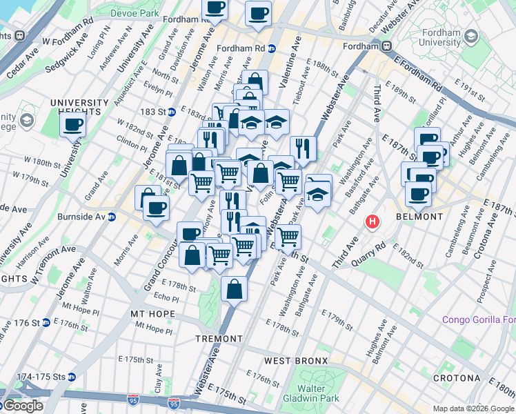 map of restaurants, bars, coffee shops, grocery stores, and more near E 181st St & Tiebout Ave in Bronx