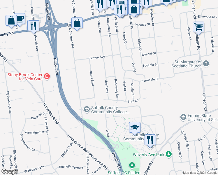 map of restaurants, bars, coffee shops, grocery stores, and more near 85 Joan Avenue in Centereach