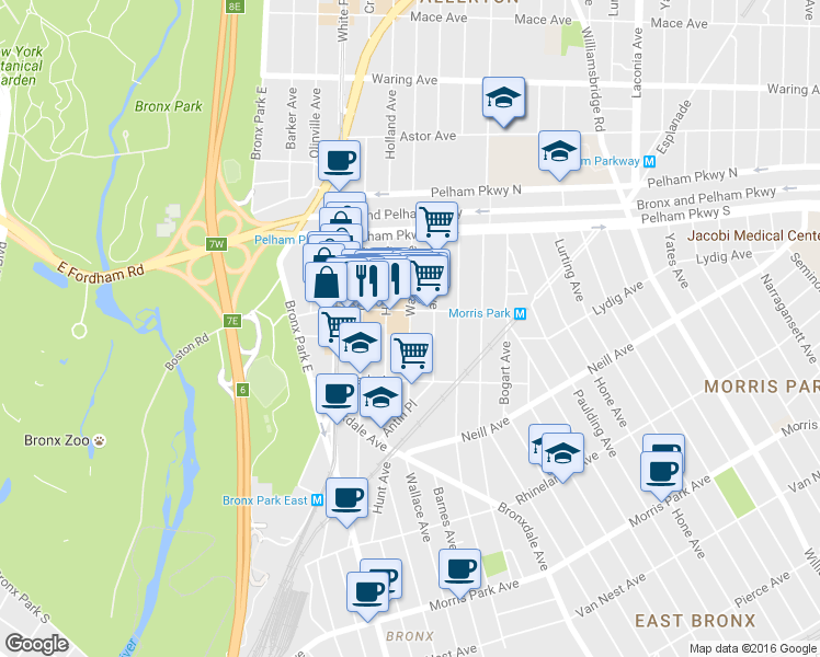 map of restaurants, bars, coffee shops, grocery stores, and more near 2128 Wallace Avenue in Bronx