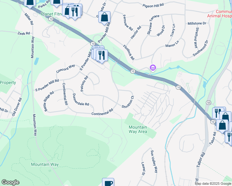 map of restaurants, bars, coffee shops, grocery stores, and more near 79 Continental Road in Morris Plains