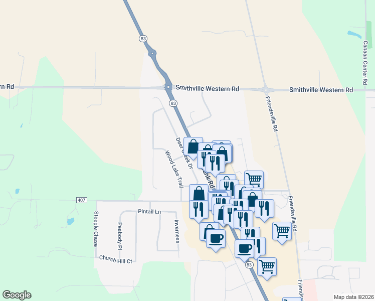 map of restaurants, bars, coffee shops, grocery stores, and more near 4509 Deer Creek Drive in Wooster