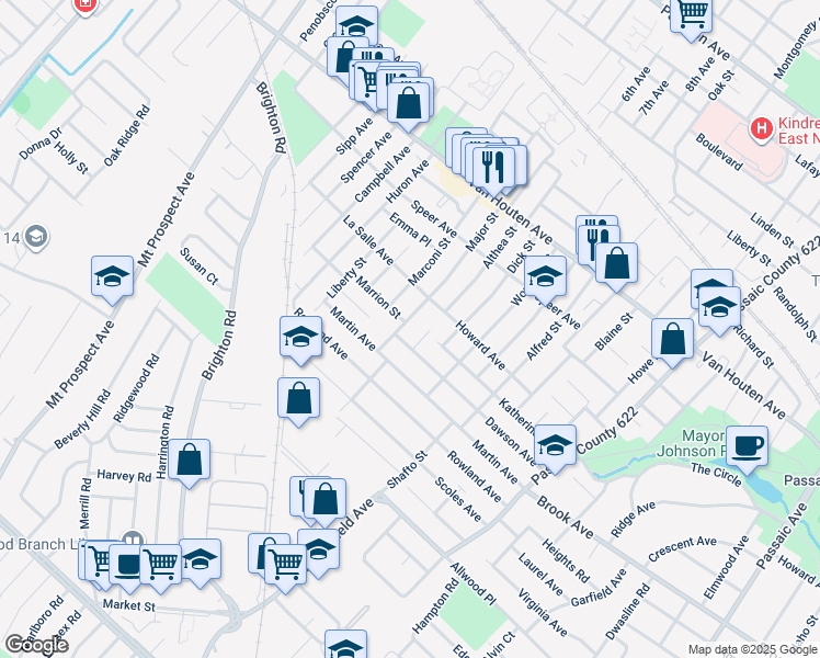 map of restaurants, bars, coffee shops, grocery stores, and more near 129 Major Street in Clifton
