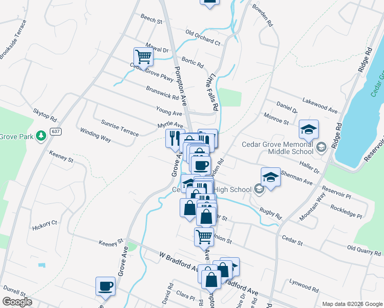 map of restaurants, bars, coffee shops, grocery stores, and more near 303 Grove Avenue in Cedar Grove