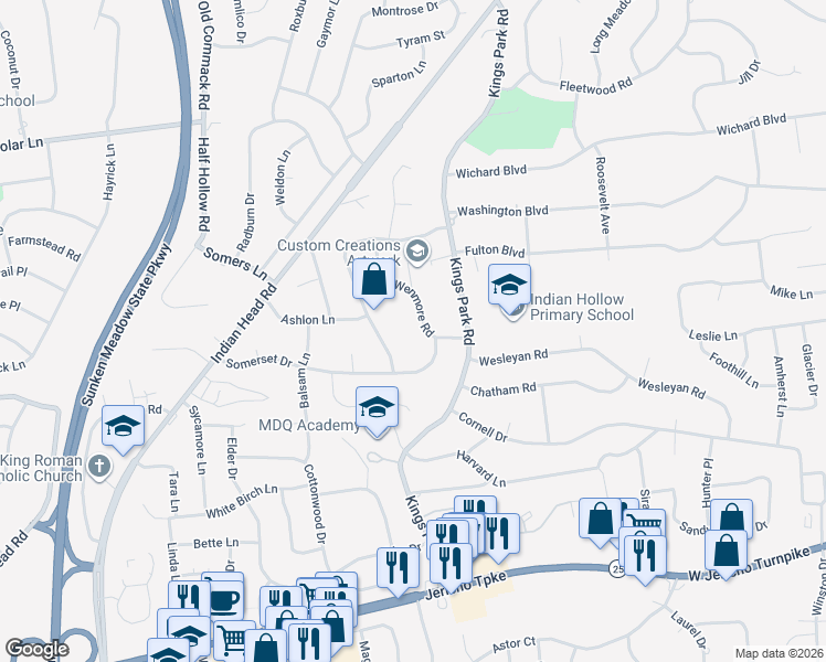 map of restaurants, bars, coffee shops, grocery stores, and more near 12 Wenmore Road in Commack