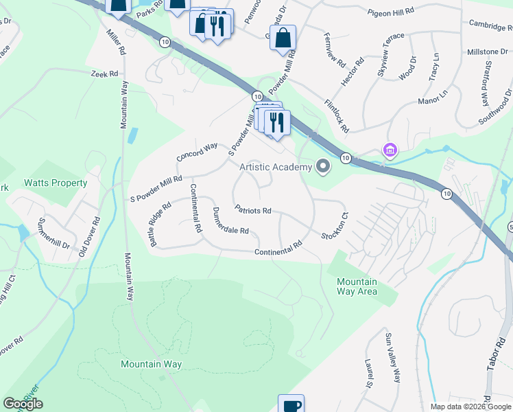 map of restaurants, bars, coffee shops, grocery stores, and more near 142 Patriots Road in Morris Plains