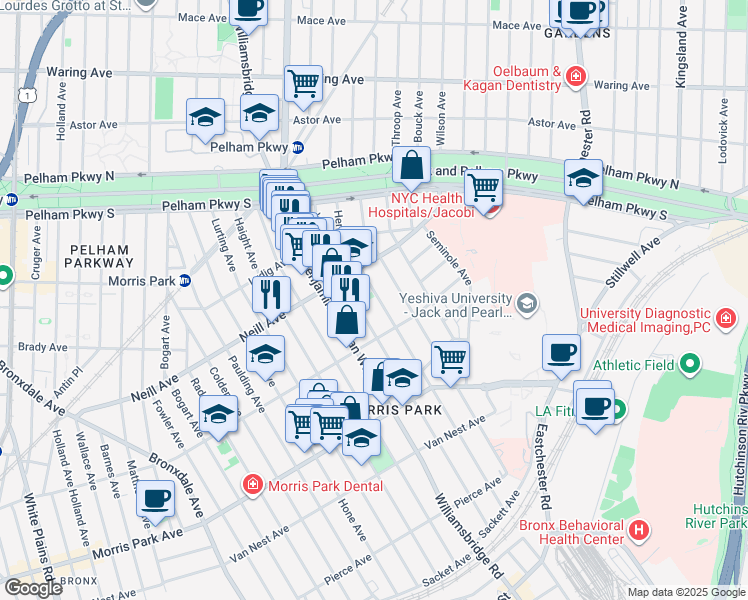 map of restaurants, bars, coffee shops, grocery stores, and more near 1935 Hering Avenue in Bronx
