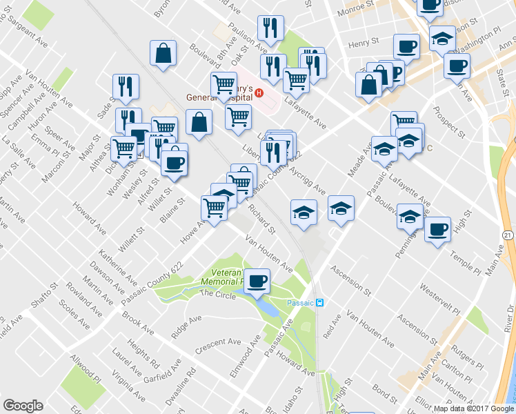 map of restaurants, bars, coffee shops, grocery stores, and more near 100 Richard Street in Passaic