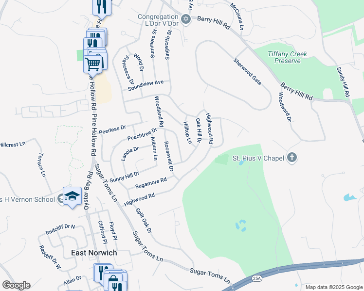 map of restaurants, bars, coffee shops, grocery stores, and more near 14 Hilltop Lane in Oyster Bay