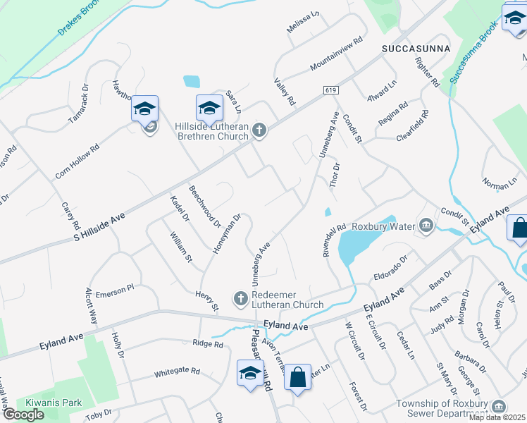 map of restaurants, bars, coffee shops, grocery stores, and more near 11 Hilltop Lane in Roxbury Township