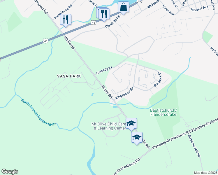 map of restaurants, bars, coffee shops, grocery stores, and more near 62 Wolfe Road in Mount Olive Township