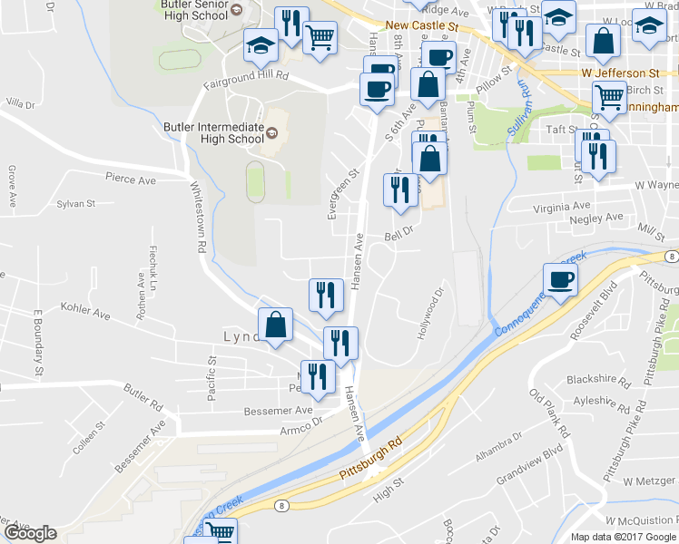 map of restaurants, bars, coffee shops, grocery stores, and more near 1 Woodrow Street in Lyndora