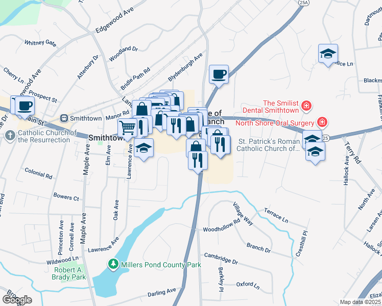 map of restaurants, bars, coffee shops, grocery stores, and more near 30 New York 111 in Smithtown