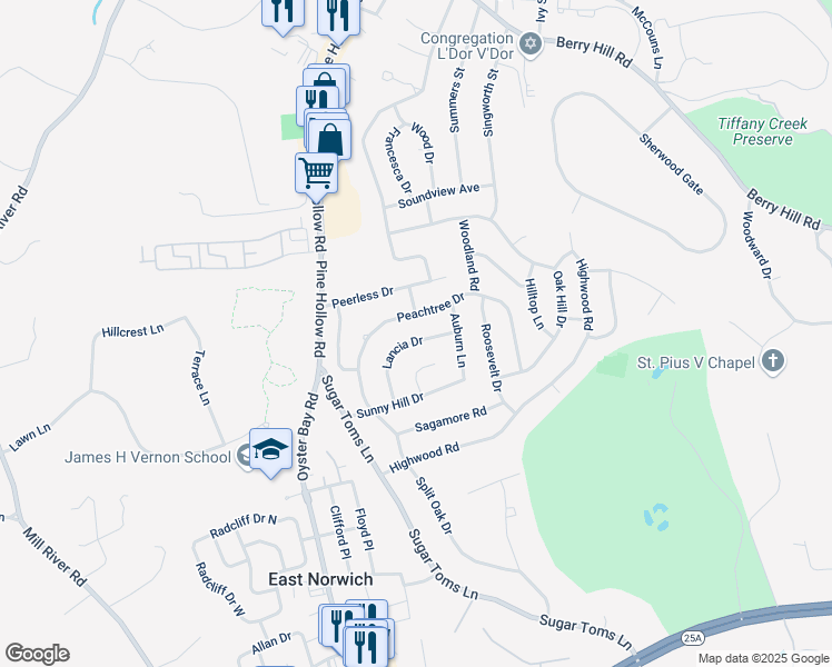 map of restaurants, bars, coffee shops, grocery stores, and more near 92 Lancia Drive in East Norwich