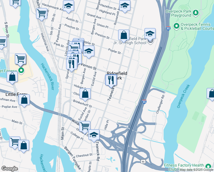 map of restaurants, bars, coffee shops, grocery stores, and more near 143 Cedar Street in Ridgefield Park