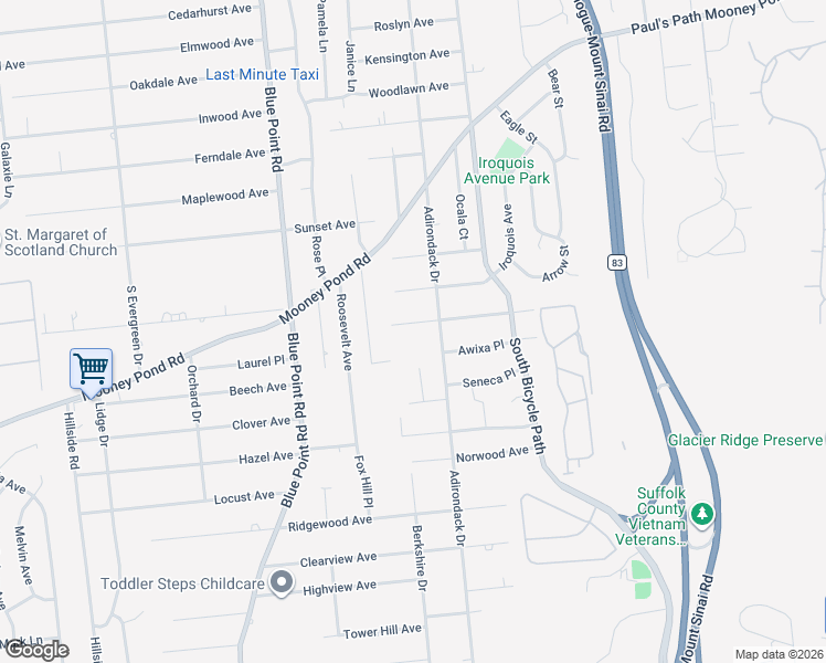map of restaurants, bars, coffee shops, grocery stores, and more near 14 Oneida Avenue in Selden