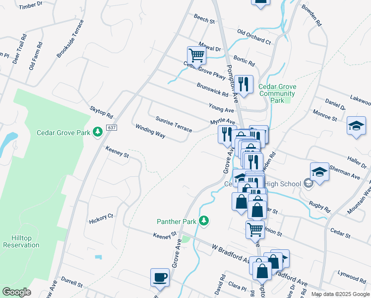 map of restaurants, bars, coffee shops, grocery stores, and more near 15 Winding Way in Cedar Grove