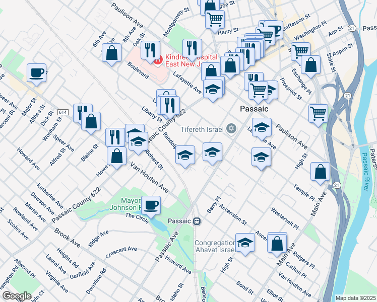 map of restaurants, bars, coffee shops, grocery stores, and more near 19 Offord Street in Passaic