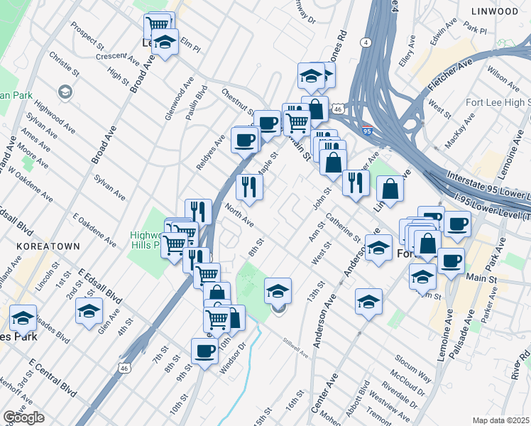 map of restaurants, bars, coffee shops, grocery stores, and more near 1611 Valley Street in Fort Lee