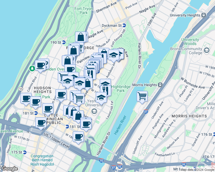 map of restaurants, bars, coffee shops, grocery stores, and more near 516 West 190th Street in New York