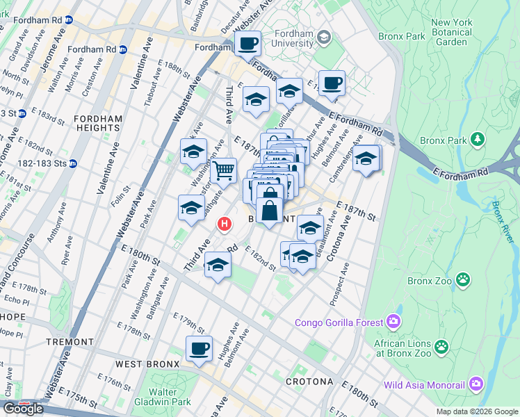 map of restaurants, bars, coffee shops, grocery stores, and more near 2334 Arthur Avenue in Bronx