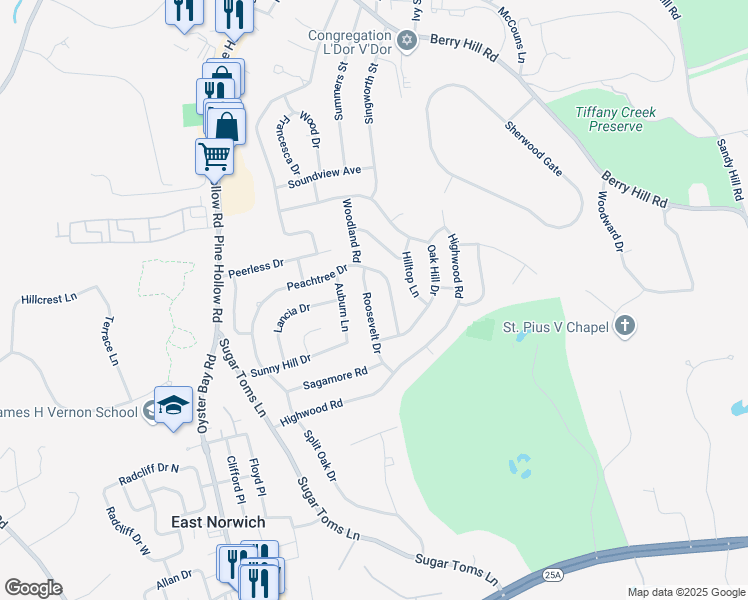 map of restaurants, bars, coffee shops, grocery stores, and more near 31 Roosevelt Drive in East Norwich