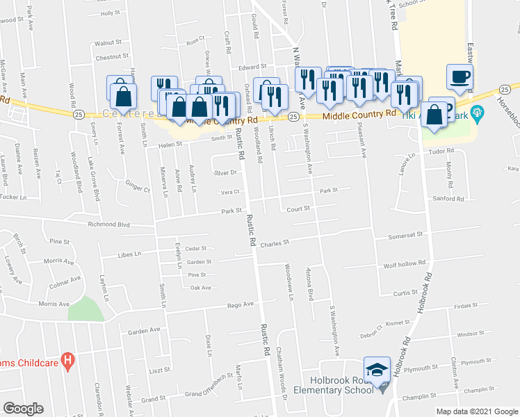 map of restaurants, bars, coffee shops, grocery stores, and more near 34 Woodland Road in Centereach