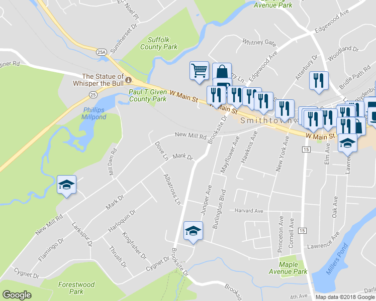 map of restaurants, bars, coffee shops, grocery stores, and more near 3 Mark Drive in Smithtown