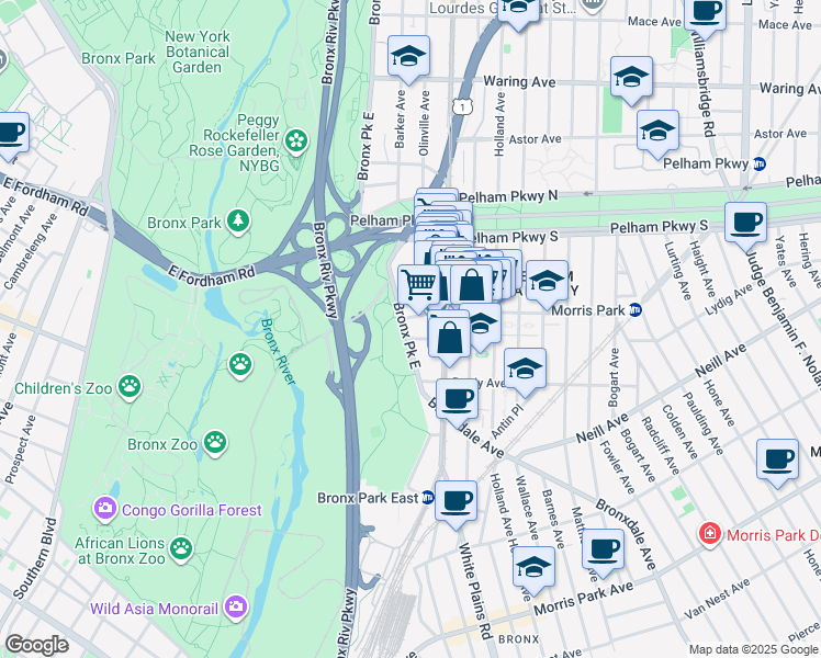 map of restaurants, bars, coffee shops, grocery stores, and more near in The Bronx