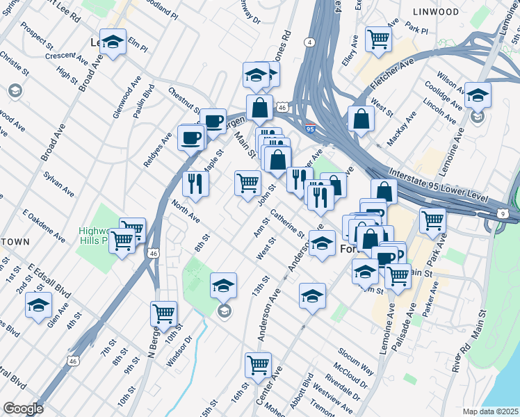 map of restaurants, bars, coffee shops, grocery stores, and more near 1614 John Street in Fort Lee