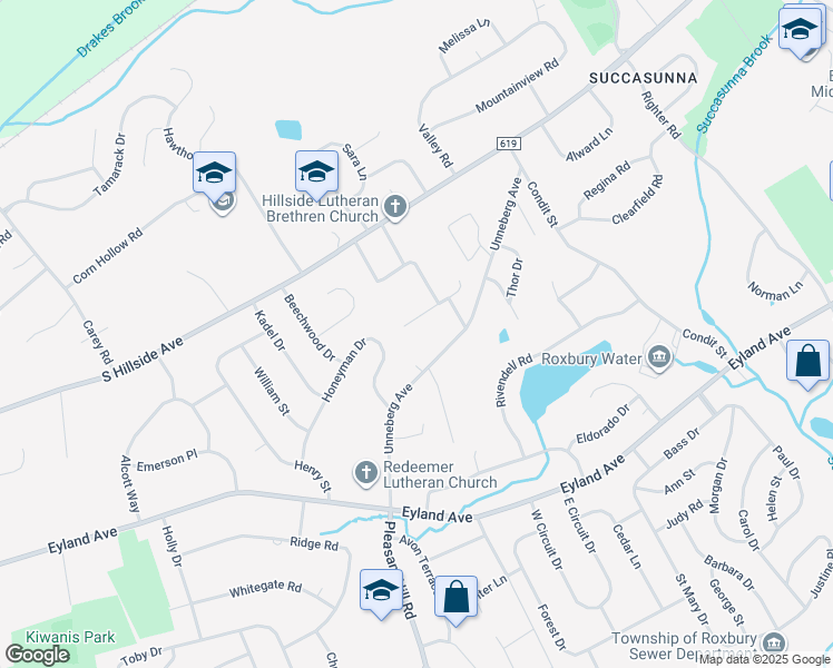 map of restaurants, bars, coffee shops, grocery stores, and more near 11 Hilltop Lane in Roxbury Township