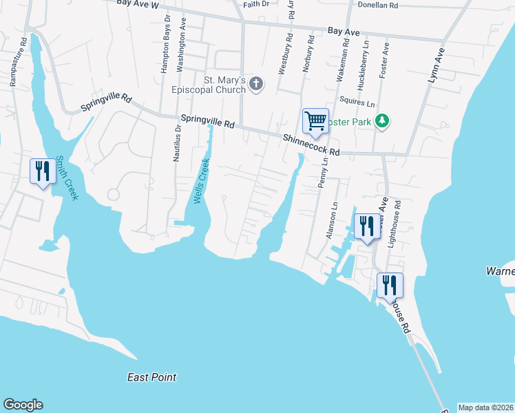 map of restaurants, bars, coffee shops, grocery stores, and more near 25A Gardners Lane in Hampton Bays