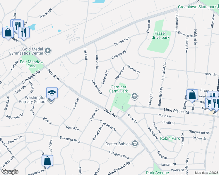 map of restaurants, bars, coffee shops, grocery stores, and more near 17 Hofstra Drive in Greenlawn