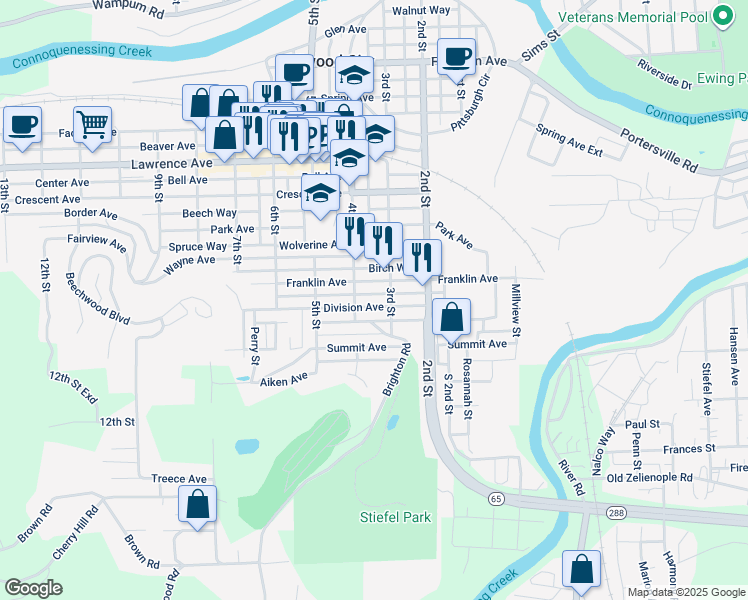 map of restaurants, bars, coffee shops, grocery stores, and more near 308 Division Avenue in Ellwood City