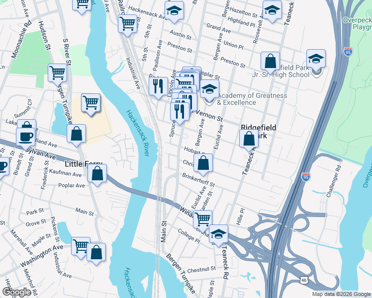 map of restaurants, bars, coffee shops, grocery stores, and more near 44 Hobart Street in Ridgefield Park