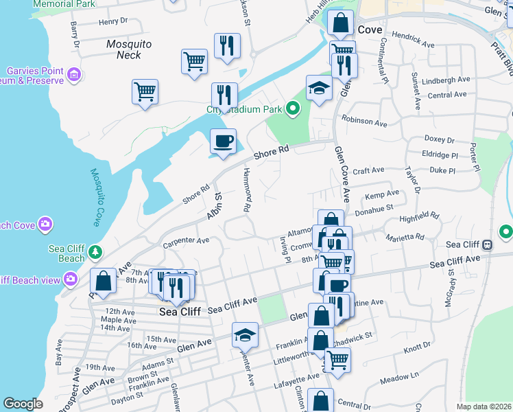 map of restaurants, bars, coffee shops, grocery stores, and more near 53 Putnam Avenue in Glen Cove