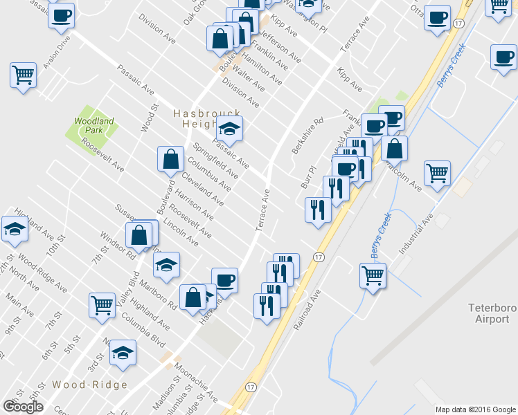 map of restaurants, bars, coffee shops, grocery stores, and more near 83 Terrace Avenue in Hasbrouck Heights