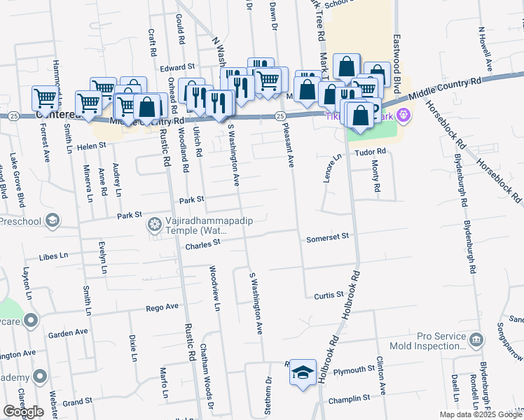 map of restaurants, bars, coffee shops, grocery stores, and more near 14 Court Street in Centereach