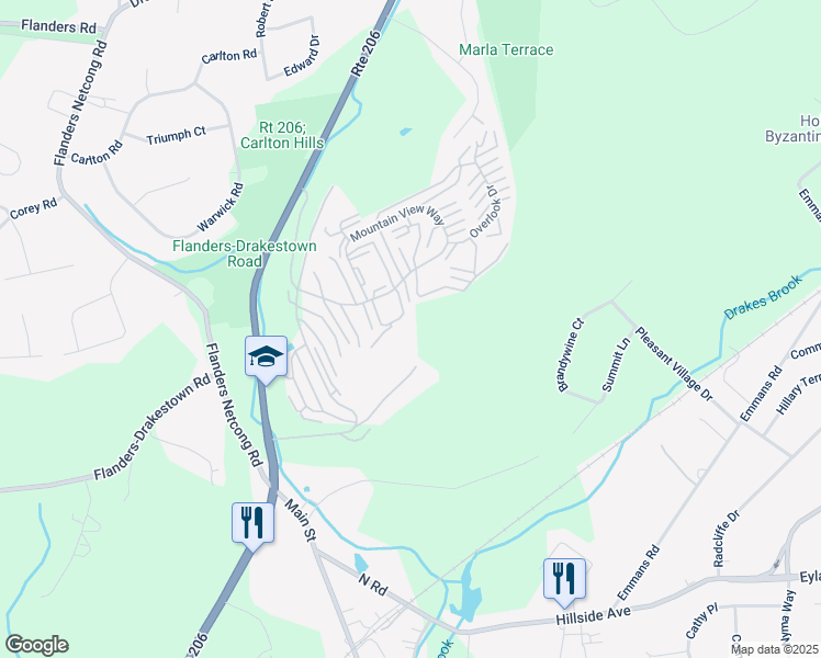map of restaurants, bars, coffee shops, grocery stores, and more near 185 U.S. 206 in Mount Olive Township
