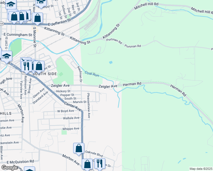 map of restaurants, bars, coffee shops, grocery stores, and more near 461 Zeigler Avenue in Butler