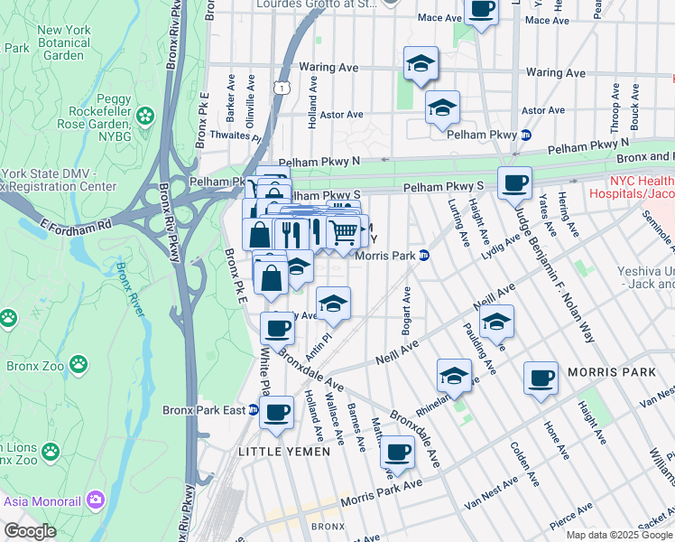 map of restaurants, bars, coffee shops, grocery stores, and more near 2132 Wallace Avenue in The Bronx
