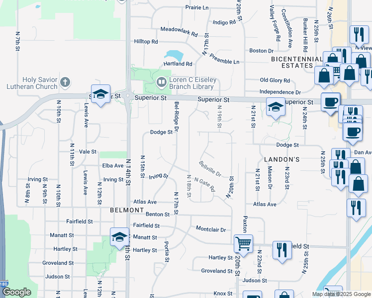map of restaurants, bars, coffee shops, grocery stores, and more near 4275 North 18th Street in Lincoln